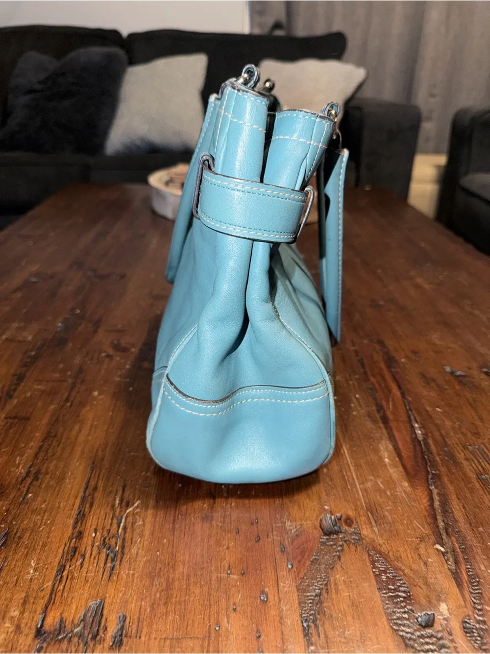 Women’s Light Blue Leather Tote Bag with Horsebit Accent